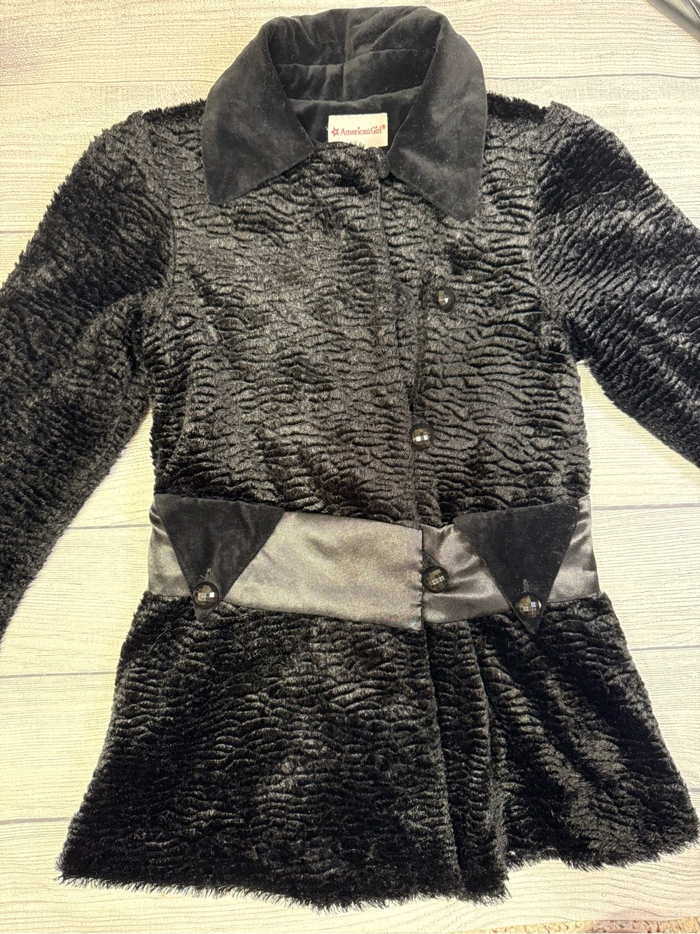 American Girl Black Faux Fur Pea Coat with Satin Waist